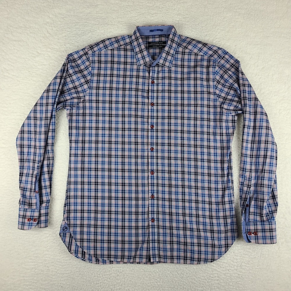 Hammer Made Dress Shirt Mens 16.5 /‎ 42 Blue Black Red Italian Fabric Button Up